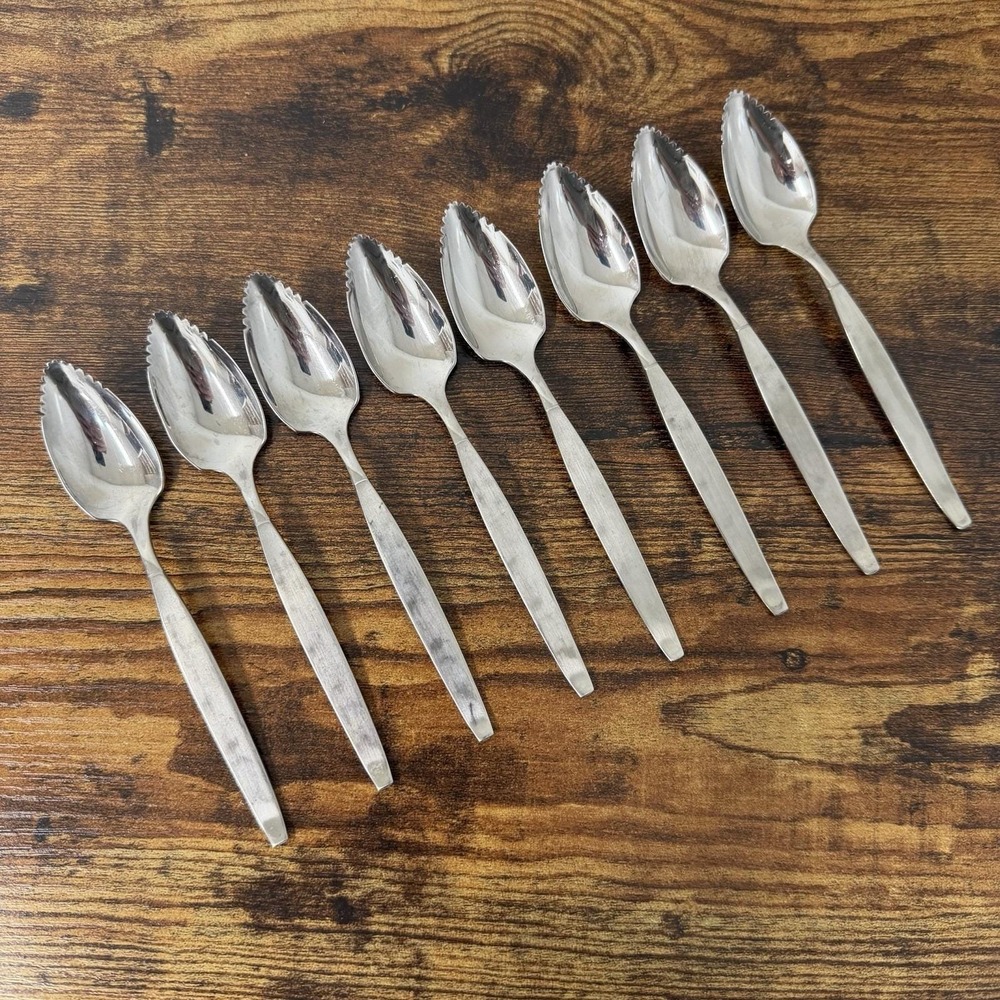 8 Oneida Community FROSTFIRE Stainless Serrated Edge Grapefruit Spoons